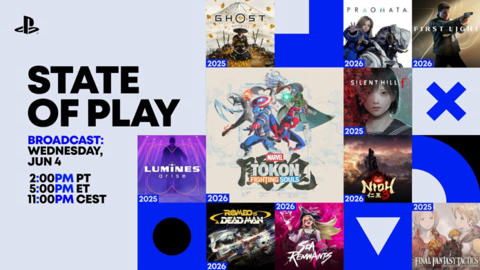 A screen placeholder showing the State of Play&apos;s broadcast times as well as icons of various games that had premiered, including Marvel Tokon Fighting Souls, Romeo is a Dead Man and First Light 007.