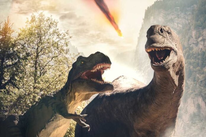 Two dinosaurs before extinction with flaming asteroid falling in the background